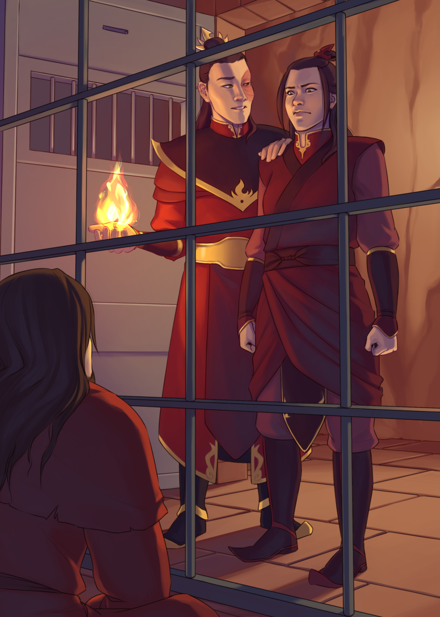 Digital fanart of Zuko and Azula visiting Ozai in prison. The two of them are now in their late teens/early twenties. Zuko's hair is just past his shoulders, and he wears a less formal version of his Fire Lord robes with the crown in his hair. Azula wears casual Fire Nation clothes, mostly red with some gold detailing, and wears her hair half-down. Ozai sits cross-legged in the lower left corner of the piece, his back to the viewer. Azula stands just outside the bars of his cell, her hands clenched and her brow furrowed as she looks down at him. Zuko stands a step behind her, his left hand on her shoulder as he looks at her in concern and support. He holds a flame in his right hand, but they are also backlit by a light in the corridor behind them.