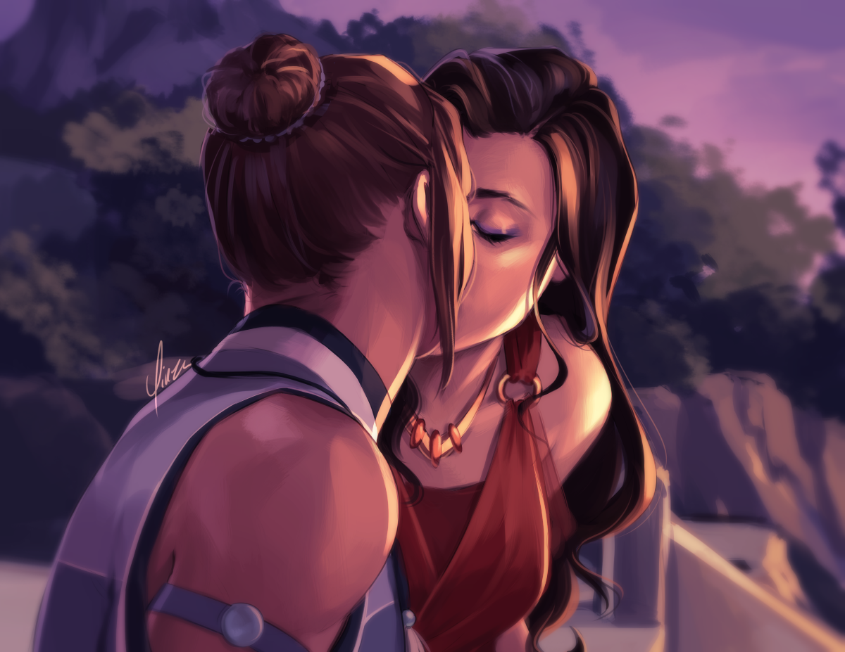 A digital painting of Korra and Asami, shown from the chest up in their formal wear as seen in the finale episode. Korra sits nearer to the viewer, but her face is turned towards Asami so we see only the back of her head. Asami is leaning in to kiss her, her face partly obscured, though we can see her eyes are closed.