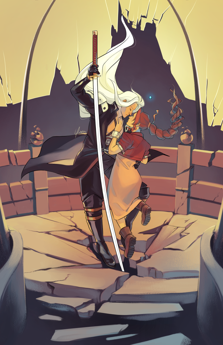 A digital illustration of Aeris and Sephiroth from Final Fantasy VII. They wear their outfits from the original game, and are shown at the altar in the Forgotten Capital. Sephiroth has dropped down from above, his hair trailing behind him, and he has his left hand around Aeris's waist. Aeris is leaning up into him, her left hand on his chest. Her braid is coming undone and the White Materia floats upwards. The Masamune stabs down through the floor of the altar, cracking the stone and causing the entire structure to begin shattering apart.