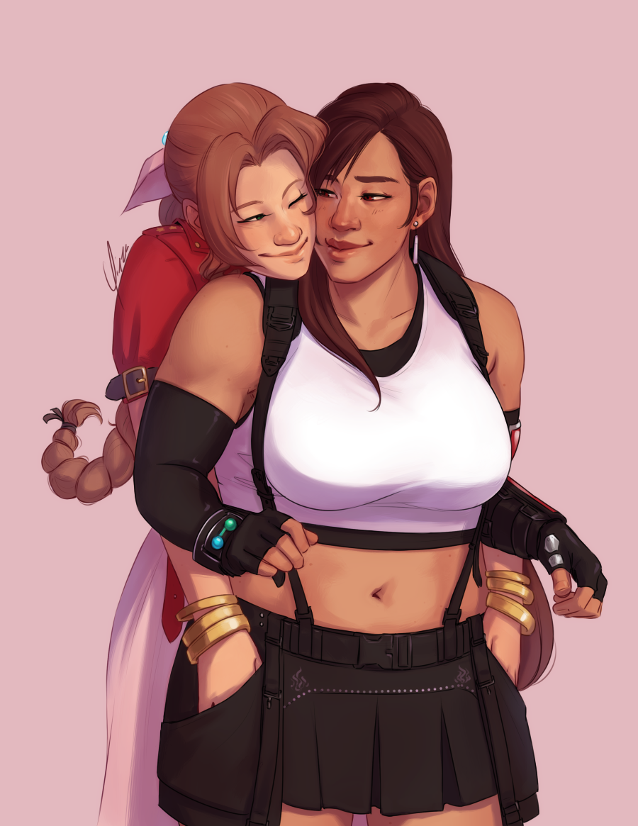 Digital fanart of Aeris and Tifa in their Remake outfits. Aeris stands directly behind Tifa, reaching around her to put her hands in the pockets of Tifa's skirt. Her head is on Tifa's shoulder, and she's winking. Tifa is lifting her hands, a little surprised, but smiling over her shoulder at Aeris.