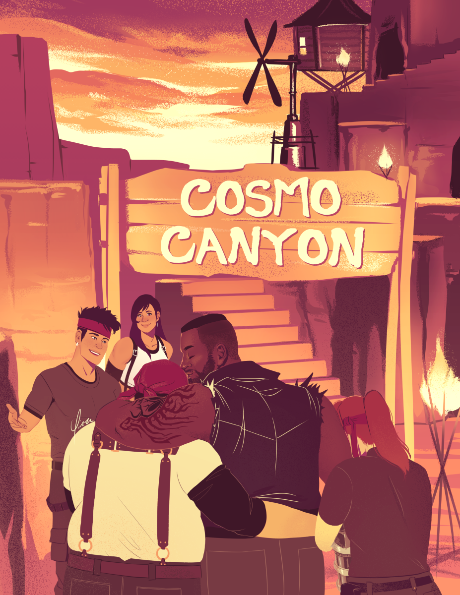 Digital artwork of Barret, Biggs, Wedge, Jessie, and Tifa at the entrance to Cosmo Canyon. Wedge, Barret, and Jessie are seen from behind as they approach the gate. Wedge has an arm around Barret's waist, while Barret's arm is slung across his shoulders and he is leaning in to kiss him on the top of the head. Jessie has her arms wrapped around Barret's gun-arm as she leans into his shoulder. Biggs is standing a little farther back, beckoning them with a smile. Tifa stands beyond him, waiting beneath the gate with a smile. The piece is warm with sunset reds and yellows.