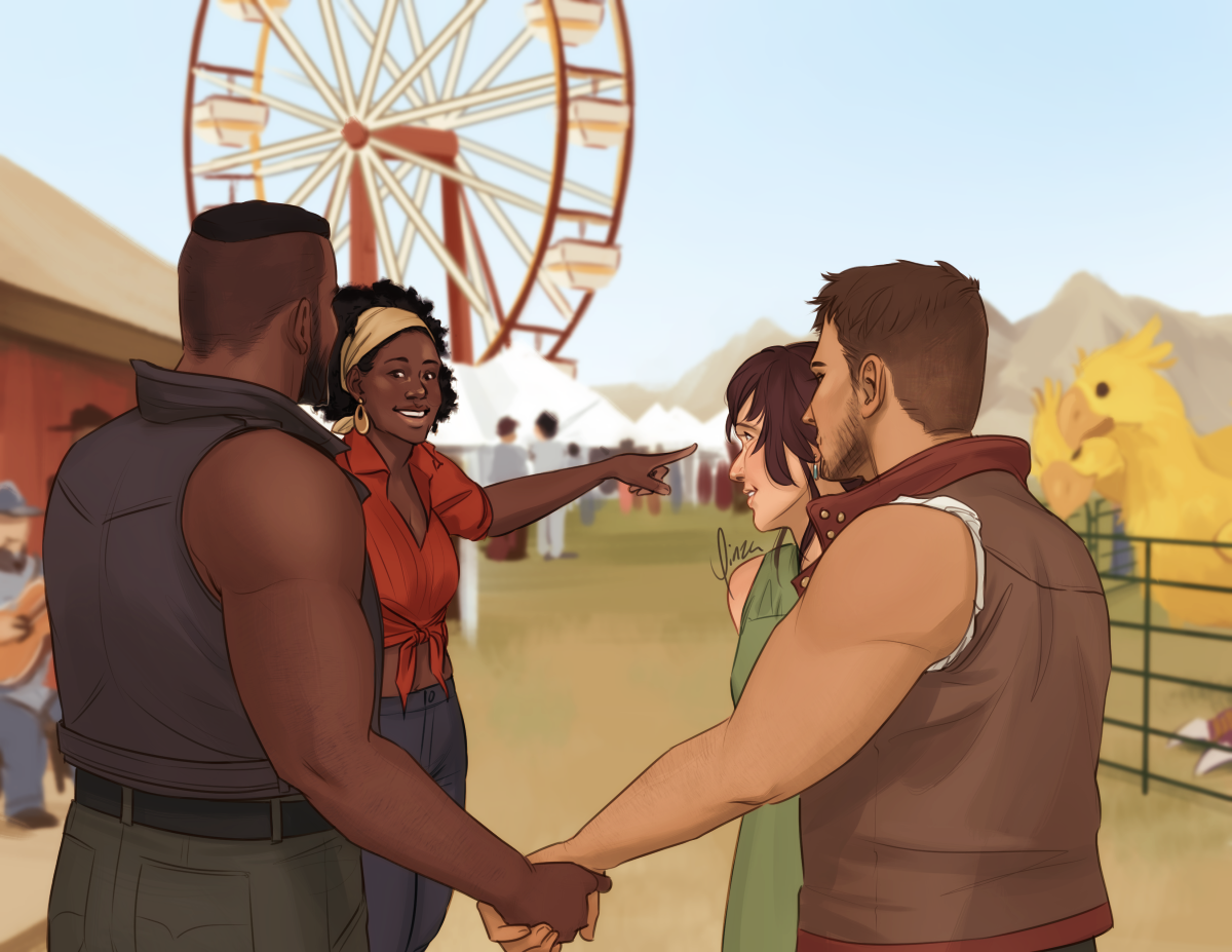 Digital artwork of Barret, Myrna, Eleanor, and Dyne at a country fair. Barret and Dyne stand closer to the foreground with their backs to the viewer, holding hands between them, while Eleanor stands at Dyne's side. All three are looking at Myrna, who stands a little farther from Barret, grinning as she points towards a chocobo pen. Just visible behind them is a man playing a guitar, and farther in the distance are indistinct crowds and booth awnings, a ferris wheel rising up above them. In the far distance is a mountain range.