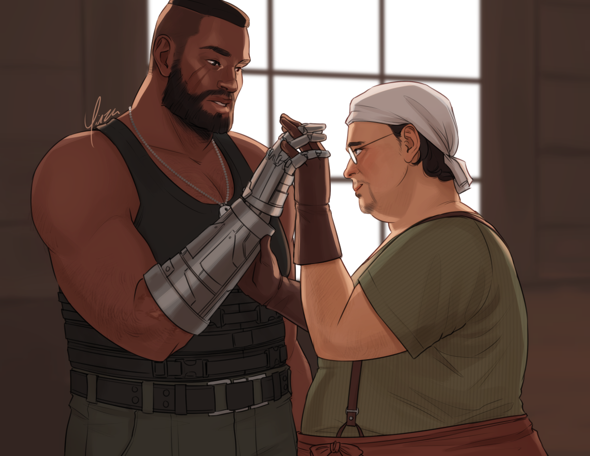 Digital artwork of Barret and Izo from Final Fantasy VII Rebirth, shown from the waist up. Barret is wearing a prosthetic metal hand, which Izo holds by the wrist with his right hand as he twines the fingers of his left hand with those of Barret's prosthetic. He looks up at Barret with an encouraging smile, as Barret stares at their joined hands. They are backlit by a window.