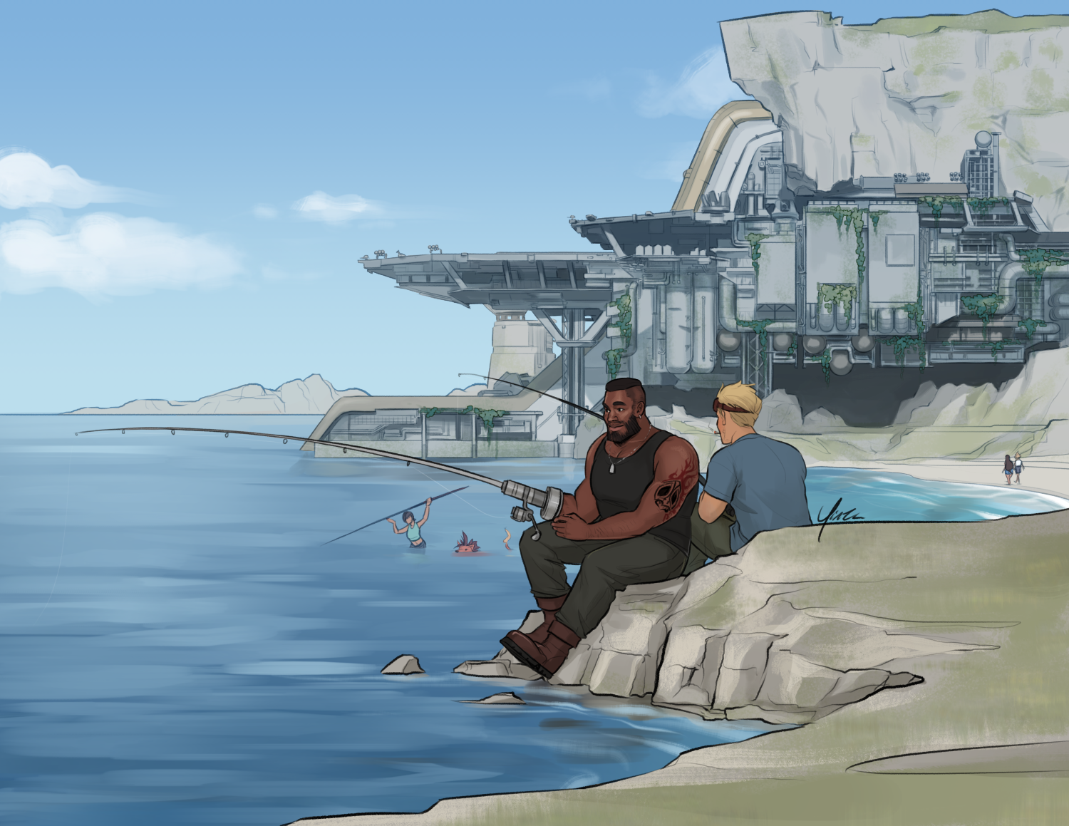 Digital artwork featuring Barret and Cid fishing on the Junon coast on a sunny day. They sit on the rocky shore, Barret with a fishing rod attachment for his arm, Cid with his back turned to the viewer. Junon is visible in the distance, absent its cannon and aircraft, vines beginning to grow over its sides. In the middle distance, Yuffie stands in the water spear-fishing, Nanaki's head just poking above the waves nearby. Farther away, Tifa and Cloud stroll along a beach.