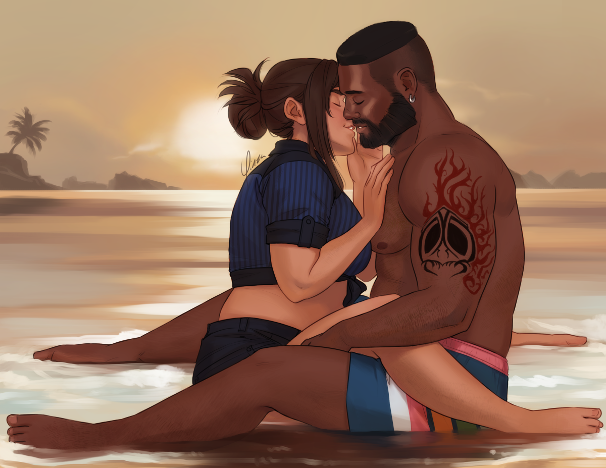 Digital artwork of Tifa and Barret on the beach at sunset. Tifa wears her Rebirth swimwear with the pinstripe blue top and black shorts, while Barret wears swim trunks striped with blue, white, pink, and green. They are seated facing each other in the sand with the waves just washing in over their feet. Tifa has her legs hooked over Barret's, one hand against his chest and her other against his chin as she leans in to kiss him, both smiling. Barret's left hand brushes along her thigh.