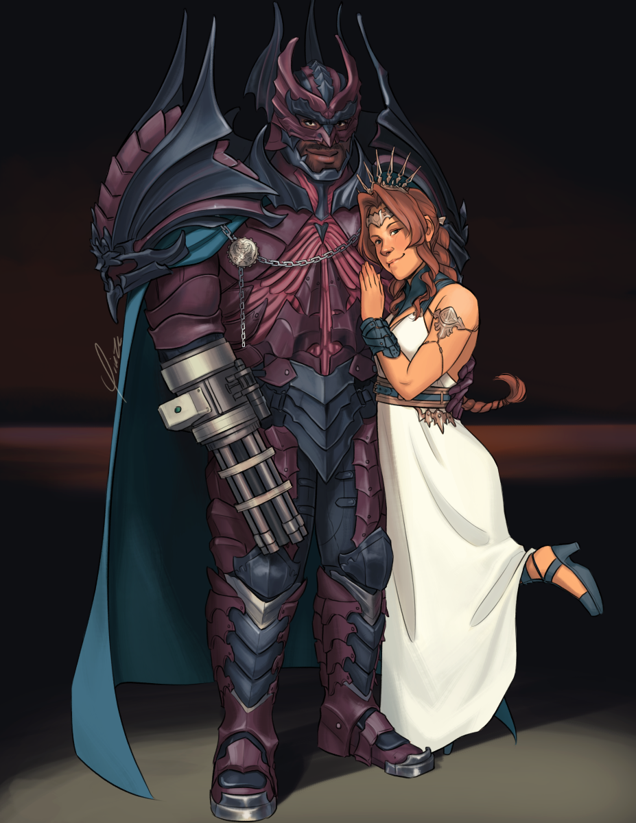 Digital artwork of Barret and Aeris in their costumes from the Rebirth version of the Gold Saucer play. Barret stands in his Evil Dragon King armor, his hand around Aeris's waist. Aeris wears her Princess Rosa dress and leans into Barret's side, one foot popped. A spotlight falls on them and both smirk at the viewer.