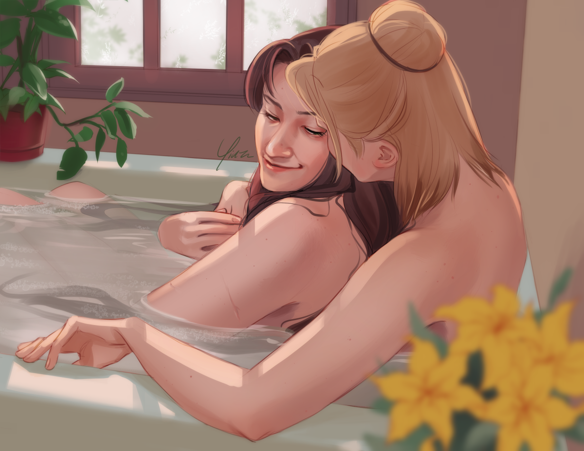 Digital artwork of Ifalna and Elmyra Gainsborough bathing together. Elmyra is leaning back against the end of the tub, her left arm resting on the side and her right arm reaching around Ifalna. Her hair is half tied up in a bun. Ifalna sits in front of her, leaning back against her. Her right hand is lifted to touch Elmyra’s, and she is looking back over her shoulder to smile at her. Elmyra’s face is close, but her expression can’t be seen. Light comes in through a window on the far side of the tub. A plant sits on the edge nearby, while some yellow lilies are blurred in the foreground.