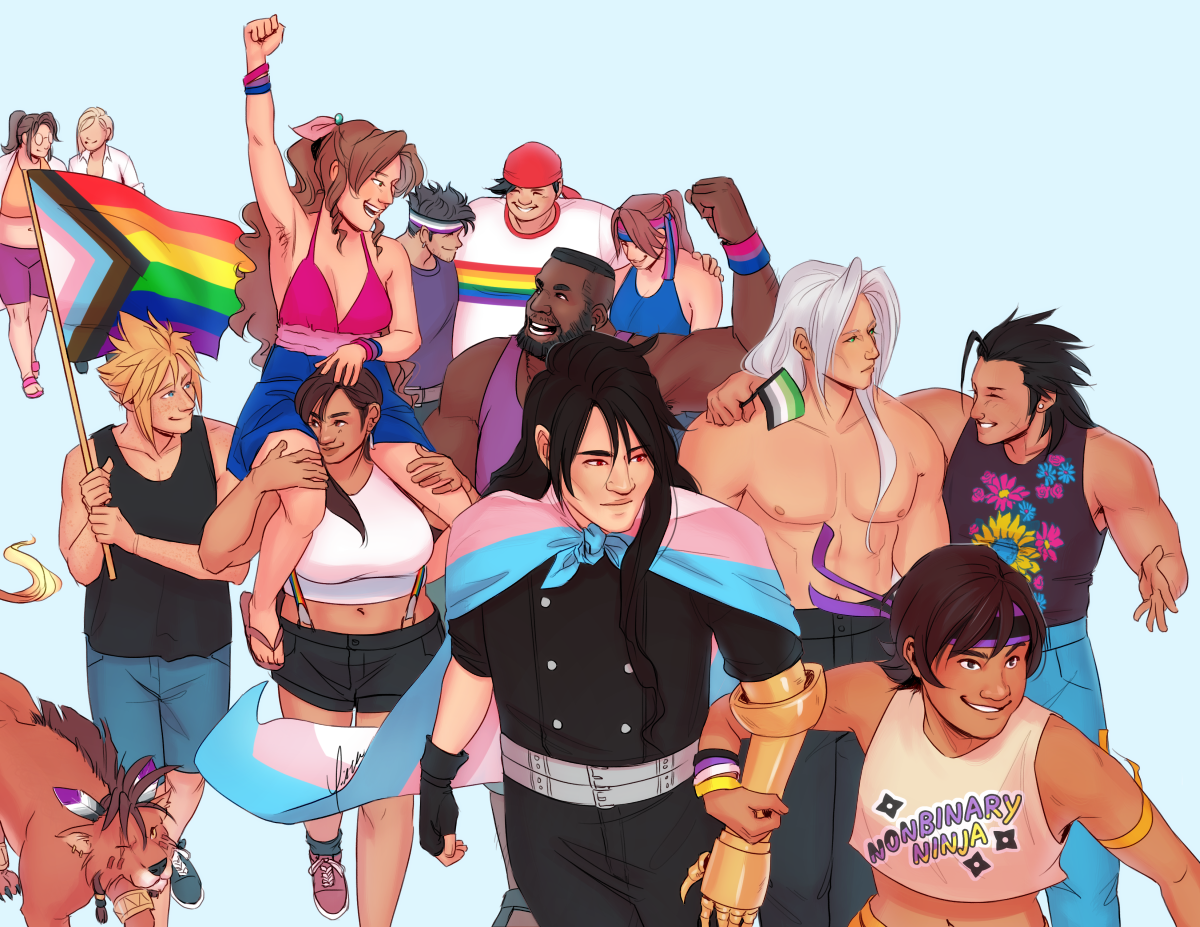 Digital artwork depicting the cast of FF7 attending Pride. At the front of the group, Yuffie has her arm hooked around Vincent's claw, tugging him forward with a grin on her face. She wears a crop top with the words 'nonbinary ninja,' while Vincent wears a trans flag in place of his usual cape. Behind them, Zack has his arm around Sephiroth's shoulder as he guides him along. Zack is wearing a tank top with flowers in the pansexual flag colors, while Sephiroth is shirtless, but Zack holds a small aromantic flag near his shoulder. A little farther back, Nanaki, Cloud, Tifa, and Barret walk in a line, with Tifa carrying Aeris on her shoulders. Nanaki wears feathers with the asexual pride colors. Cloud is carrying the progress pride flag. Tifa has rainbow suspenders, and Aeris wears a sundress in bisexual flag colors. Barret also wears a wristband in bi pride colors. Both he and Aeris are pumping their fists as they grin at each other. In the far background, Wedge has his arms around Biggs and Jessie. He is wearing a white shirt with rainbow stripes, while Biggs has a headband in asexual pride colors and Jessie has one in bisexual colors. Shera and Elena walk side-by-side, mostly obscured by the flag Cloud is carrying.