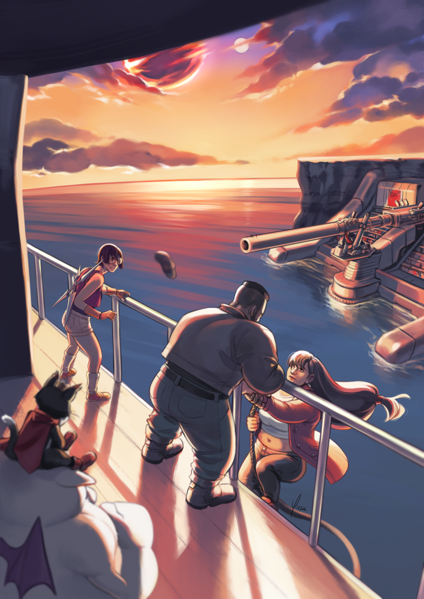 A digital illustration of Tifa's rescue from Junon. The view faces out from the deck of the Highwind. Cait Sith is in the near foreground, sitting atop Mog with his back to the viewer. Barret's back is also to the viewer as he reaches over the railing to take Tifa's hand and help her up onto deck. Tifa is looking up at him, still holding the rope with her other hand. Both of them wear similar outfits to canon, but Barret wears a brown jacket and Tifa has a red coat and black pants. Yuffie stands at the railing a short distance away, watching them. She wears her reporter disguise complete with glasses, but her hat has flown off of her head. In the background, Meteor hangs in the sky, dwarfing the moon, and a red sunset light reflects into the ocean surrounding Junon. The miniscule figures of Scarlet and her soldiers stand at the end of the cannon.