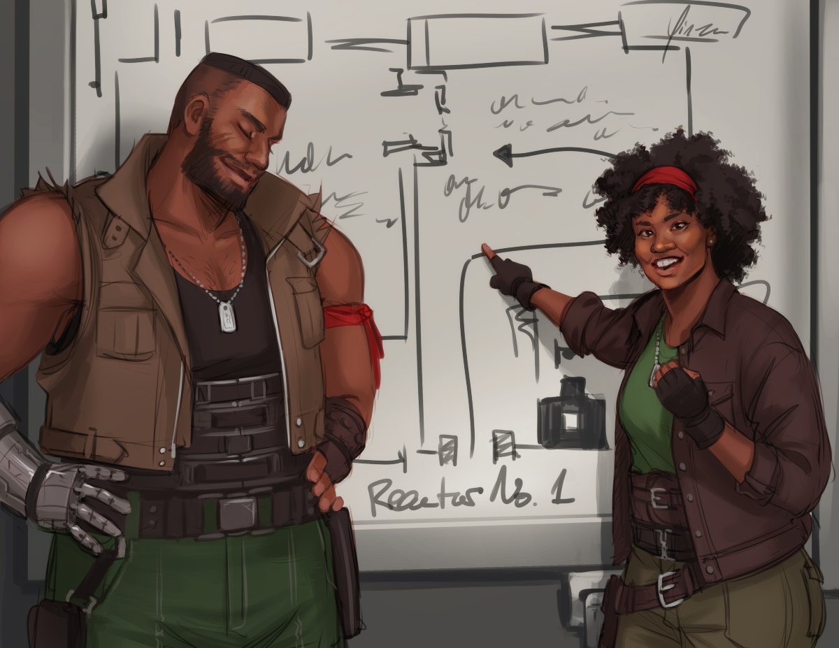 Digital artwork of Barret and Myrna Wallace, shown from the waist up. Barret wears his Remake outfit, but with a prosthetic metal hand and a red cloth tied around his left bicep. Myrna is depicted as a black woman with natural hair accented by a red headband. She wears a brown jacket over a green top and khaki pants, black fingerless gloves, and an assortment of belts. Like Barret, she also wears a dog tag around her neck. They stand in front of the whiteboard in the basement hideout of Seventh Heaven, which depicts a hand-drawn layout of the No. 1 reactor. Myrna is pointing at the whiteboard and smiling excitedly at the viewer, while Barret stands with his hands on his hips, eyes closed and smiling proudly.