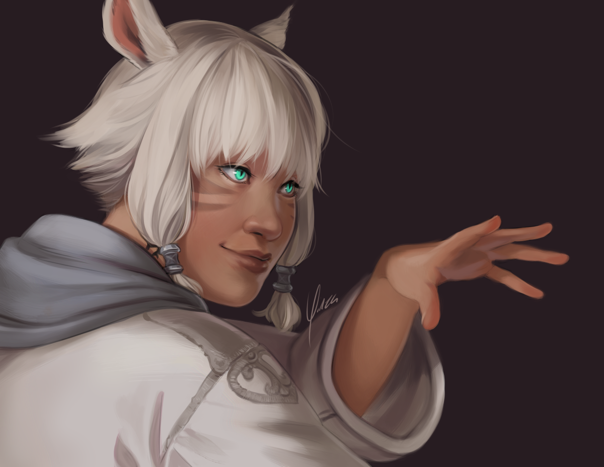 A digital painting of Y'shtola Rhul from Final Fantasy XIV, shown from the shoulders up against a dark background. Her body is turned so her right shoulder faces the viewer, while her left hand is raised as if about to cast a spell. She is looking at something ahead of her with a slight smirk.