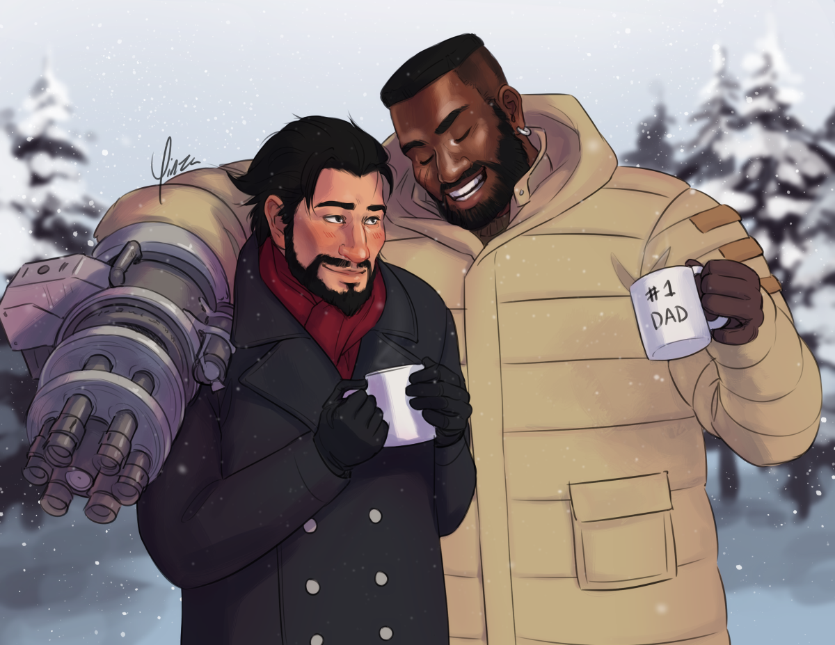 Digital fanart of Barret and Reeve, shown from the waist up. Barret wears a beige puffer coat, while Reeve wears a navy blue peacoat and red scarf. Barret holds a #1 Dad mug in his left hand and has his gun-arm slung over Reeve's shoulder as he leans into him, his eyes closed as he relates something with a grin. Reeve holds a plain white mug in both hands and looks up at Barret with a slightly embarrassed smile. Blurred in the background are pine trees covered in snow.