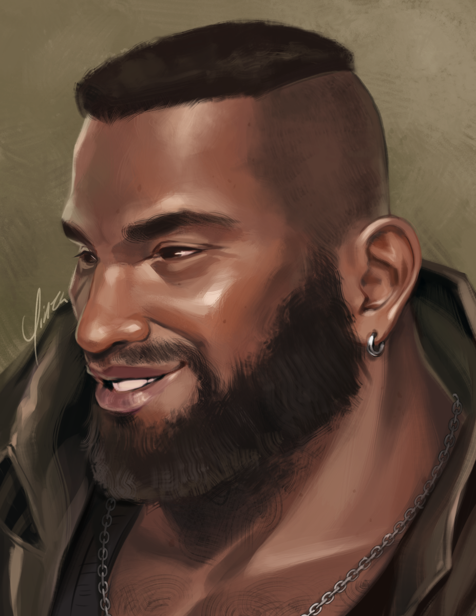 A digital portrait painting of Barret Wallace from Final Fantasy VII. He is shown facing to the left but not quite in full profile, smiling with a gentle mirth.