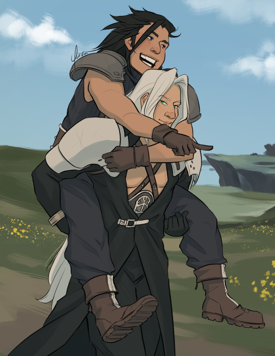 Digital artwork of Sephiroth and Zack Fair. Both are in uniform, and Sephiroth carries Zack piggyback. Zack's mouth is open in a wide grin, and he points ahead of them with his right hand. Sephiroth glances back towards him with a small, fond smile. Behind them are blue skies and green fields.