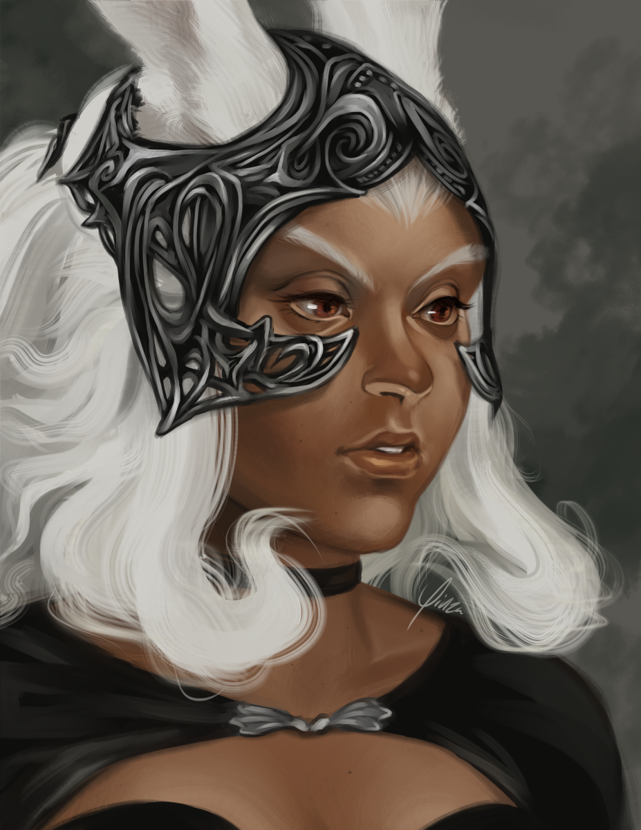 A digital portrait painting of Fran from Final Fantasy XII. She is shown at a 3/4 angle, looking down with her lips slightly parted in a faintly sorrowful expression.