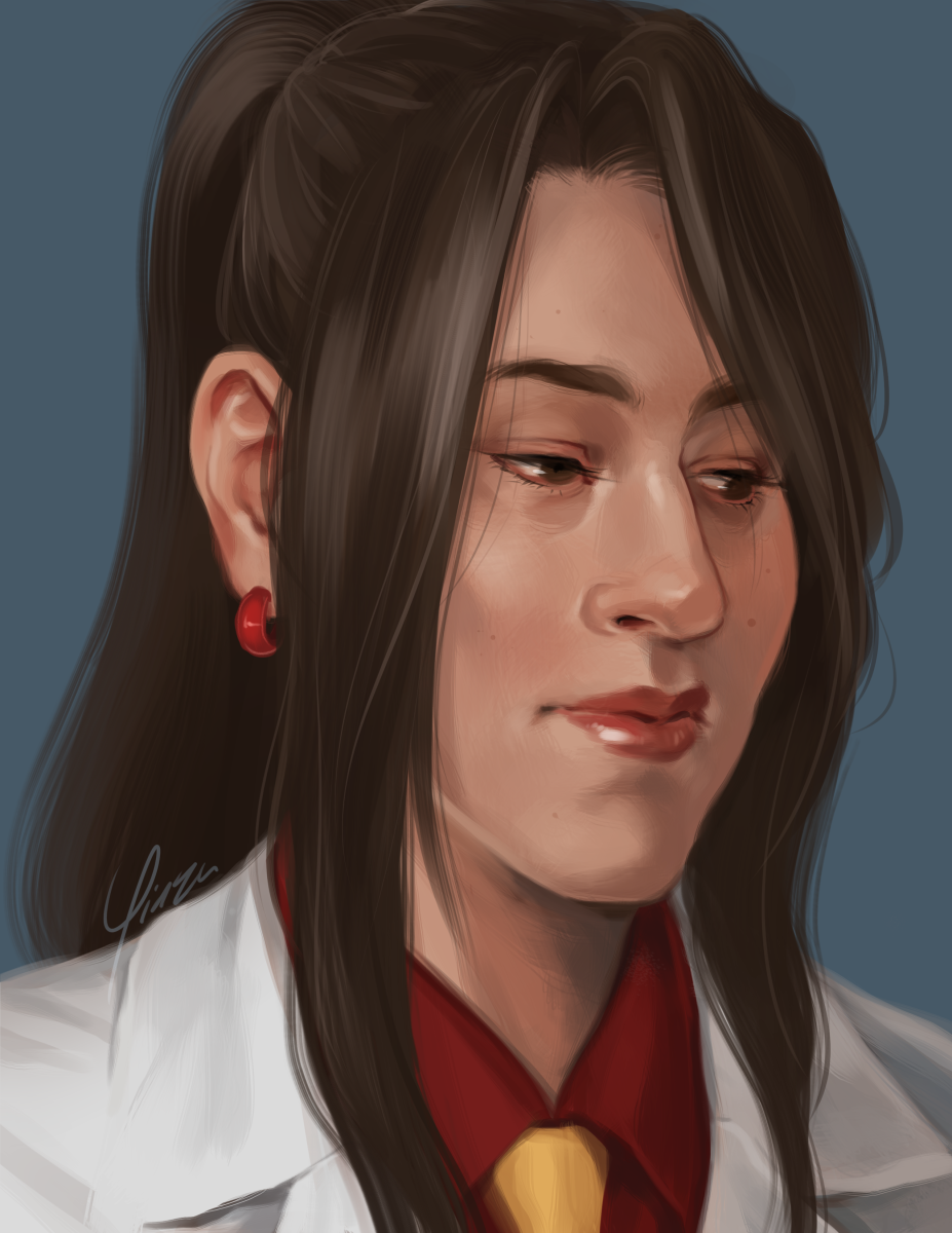A digital portrait painting of Lucrecia Crescent. She is depicted in her OG outfit with the red blouse and yellow tie beneath her lab coat. Shown at a 3/4 angle, she looks down and away from the viewer with a melancholy expression.
