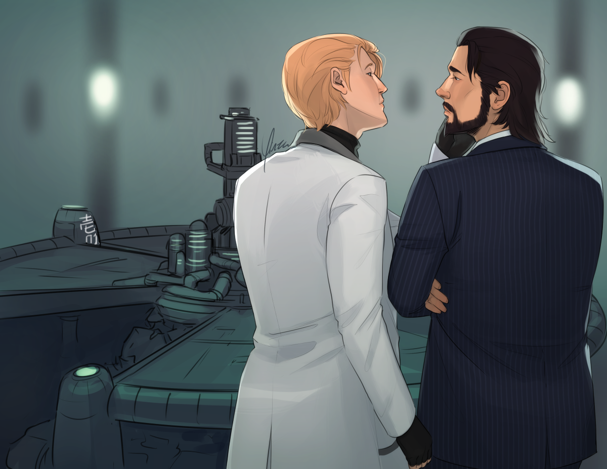 Digital artwork of Rufus and Reeve, shown from the waist up, their backs to the viewer. In front of them is the model of Midgar, with Sector 7 collapsed. Reeve stands with his arms folded, a vulnerable expression on his face. Rufus stands close beside him, taking Reeve's face in one hand to turn it towards him, away from the model.