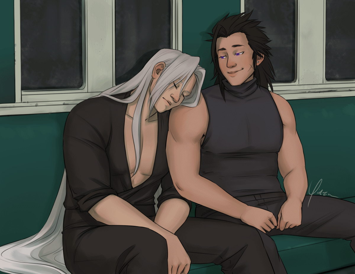 An animated illustration of Sephiroth and Zack Fair. They are shown seated on a train, wearing simple outfits similar to their canon ones without any armor. Sephiroth has fallen asleep and his head rests against Zack's shoulder, and Zack watches him with a fond smile. The animation loops so that the lights of the subway tunnel go past through the windows behind them, and Sephiroth periodically flutters his eyes open, causing Zack to look away momentarily. A larger still frame is also included.