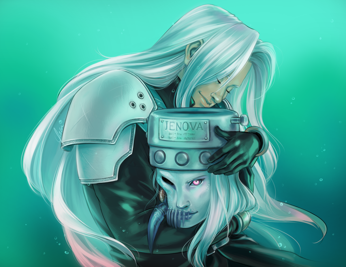 Sephiroth floats in the Lifestream, cradling Jenova's severed head in his arms. His eyes are closed and he wears a peaceful smile. Jenova's head is depicted mid-transformation, half of it as her humanoid form with silver hair and glowing pink eye, the other similar to her form as Jenova∙BIRTH. Her gaze is directed at the viewer and she is smirking.