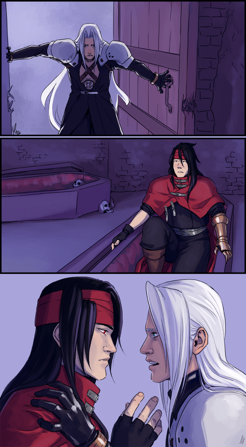A textless comic in three panels. Panel 1: Sephiroth breaks open the door to the Shinra mansion basement crypt; he is backlit from the hallway. Panel 2: Vincent sits up in his coffin. Panel 3: Sephiroth clasps Vincent by the shoulders, looking desperate, while Vincent stares back at him in disbelief.
