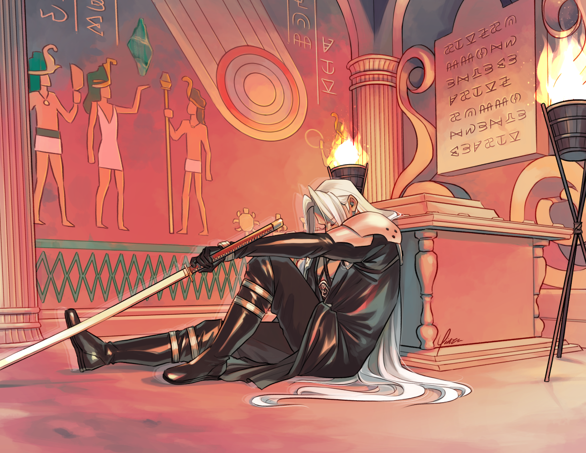 Digital artwork of Sephiroth in the Temple of the Ancients mural room. He sits slumped with his back against the altar. His left arm rests atop his knee and he holds his sword loosely, the blade tilting downwards off-screen. His head is bowed, his eyes closed, and the lower half of his face hidden behind his arm. Behind him is the mural depicting Meteor's summoning, with its trajectory pointing directly towards his head.