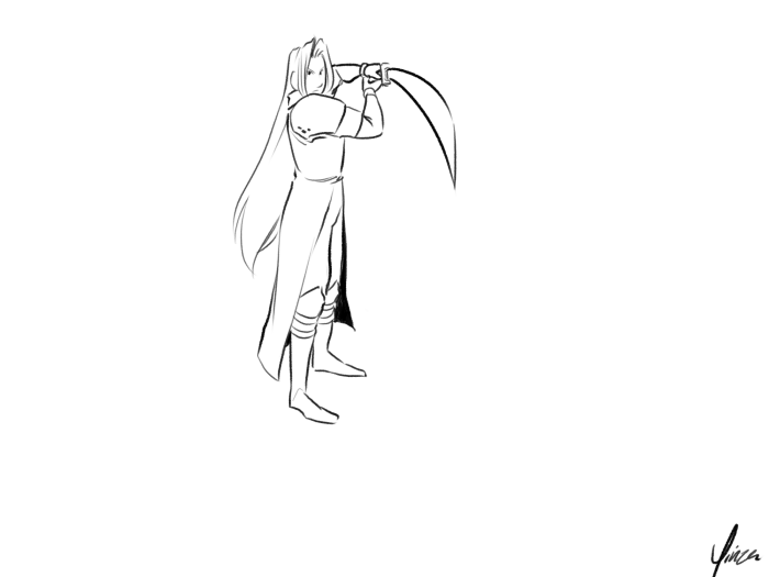 A black-and-white animated gif of Sephiroth spellcasting. It begins with him facing the viewer with his sword held in a high stance. The camera zooms in and rotates behind him as he lowers the sword to his side and raises his right arm. Ahead of him, three indistinct figures appear running towards him. He hurls a fire spell at them, and they disappear in the explosion. The camera pulls back around to Sephiroth's front as he raises his sword again, and the animation loops.