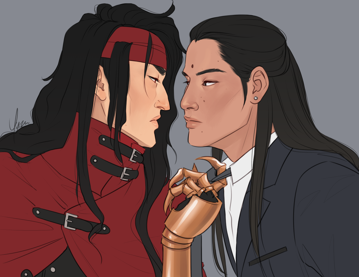 Digital artwork of Vincent and Tseng, shown from the shoulders up. Vincent has hooked the forefinger of his claw behind the knot of Tseng's tie, pulling him forward so their faces are inches apart. They look at each other with faint frowns.
