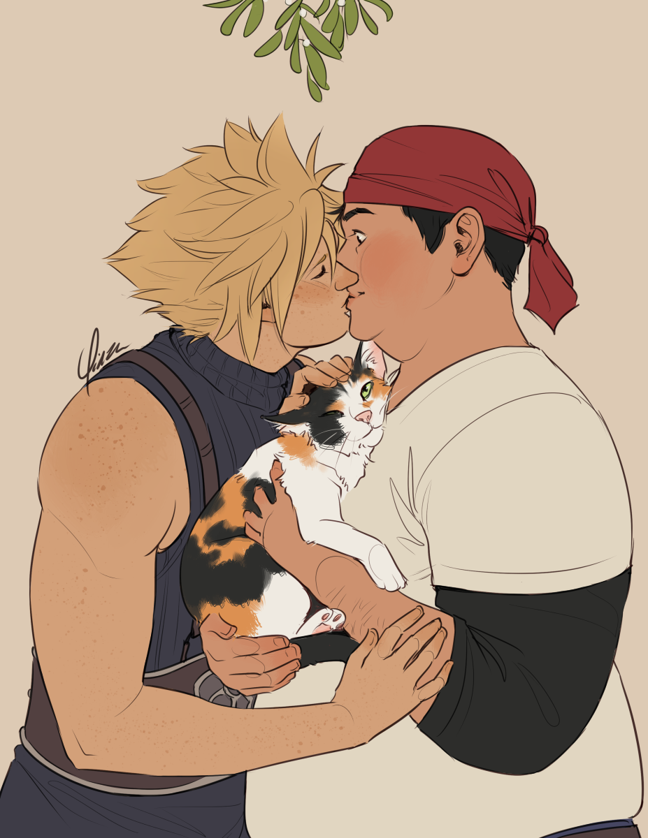 Digital artwork of Cloud and Wedge, shown from the waist up beneath a sprig of mistletoe. Neither is wearing armor, and Wedge is holding one of his calico cats against his chest. One of Cloud's hands rests atop the cat's head, the other on Wedge's arm, as he leans in to kiss Wedge, who looks surprised but pleased.