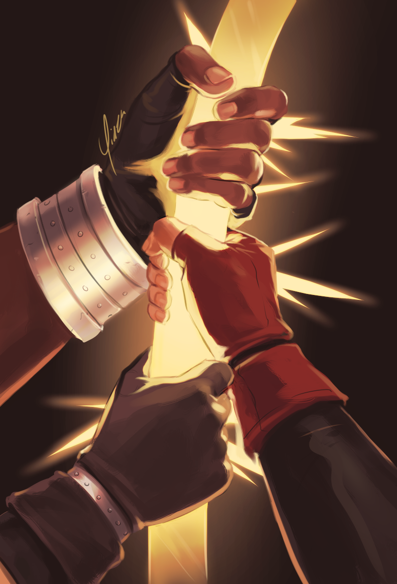 Digital artwork that depicts Barret, Tifa, and Cloud's hands each grasping a glowing golden wire.