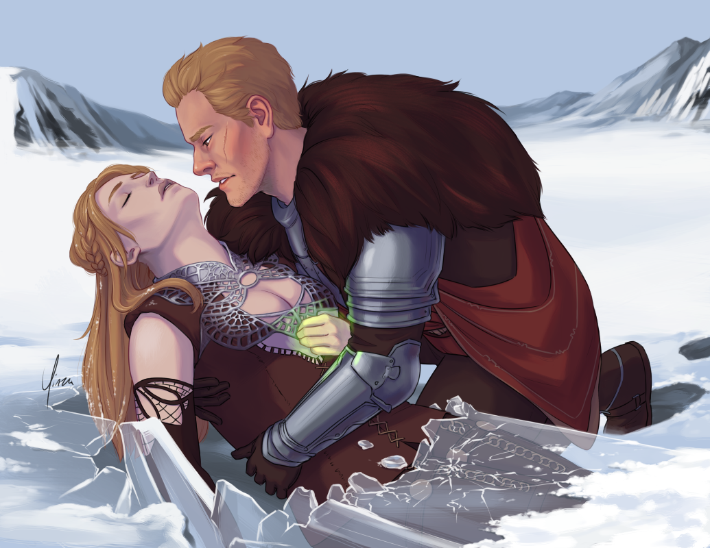 A digital illustration of some Dragon Age characters. Cullen finds Inquisitor Trevelyan under the ice and snow after the attack on Haven, using the last of her fire magic to stay alive.