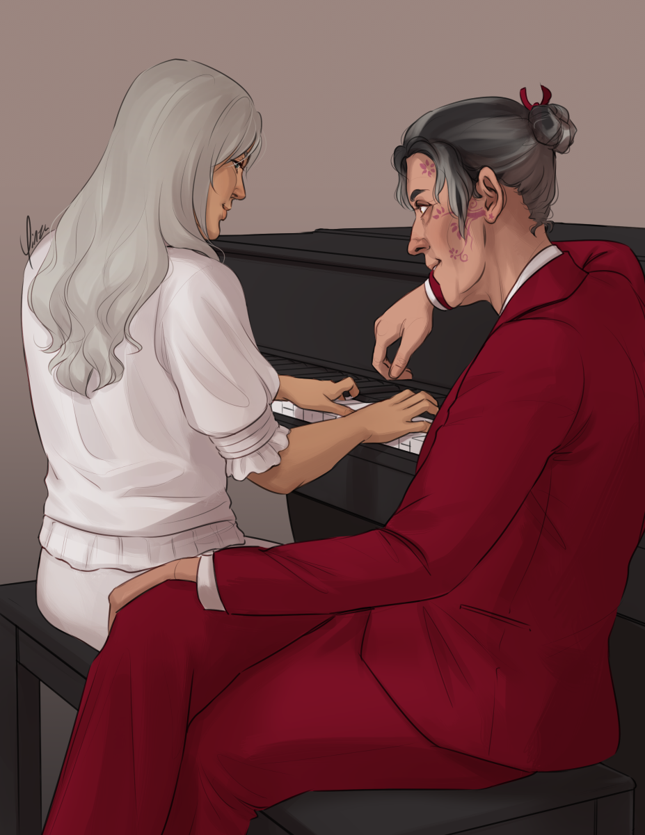 Digital artwork of Lavina and Daniela from Katekyo Hitman Reborn! Lavina is seated at a piano with her back slightly towards the viewer, smiling softly as she plays. Daniela is depicted as an older woman, her hair greying and tied up into a bun, but she still wears a red suit. She is seated the other way on the piano bench, legs crossed and leaning one elbow atop the piano as she watches Lavina with a smile.