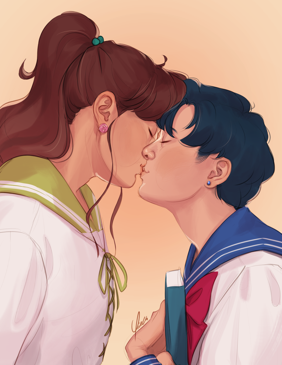 Digital artwork of Makoto Kino and Ami Mizuno, shown from the chest up in their respective school uniforms. Ami is holding a book to her chest as she leans up to meet Makoto for a kiss. Both are smiling into it, eyes closed.