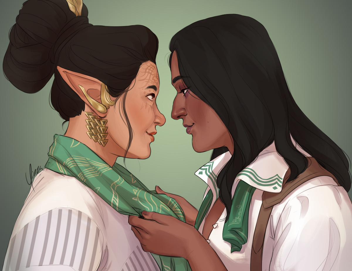 Digital artwork of Bellara and Neve from Dragon Age: The Veilguard, shown from the shoulders up. They are facing each other, smirking flirtatiously, and Neve holds the ends of Bellara's scarf as though about to tug her closer.