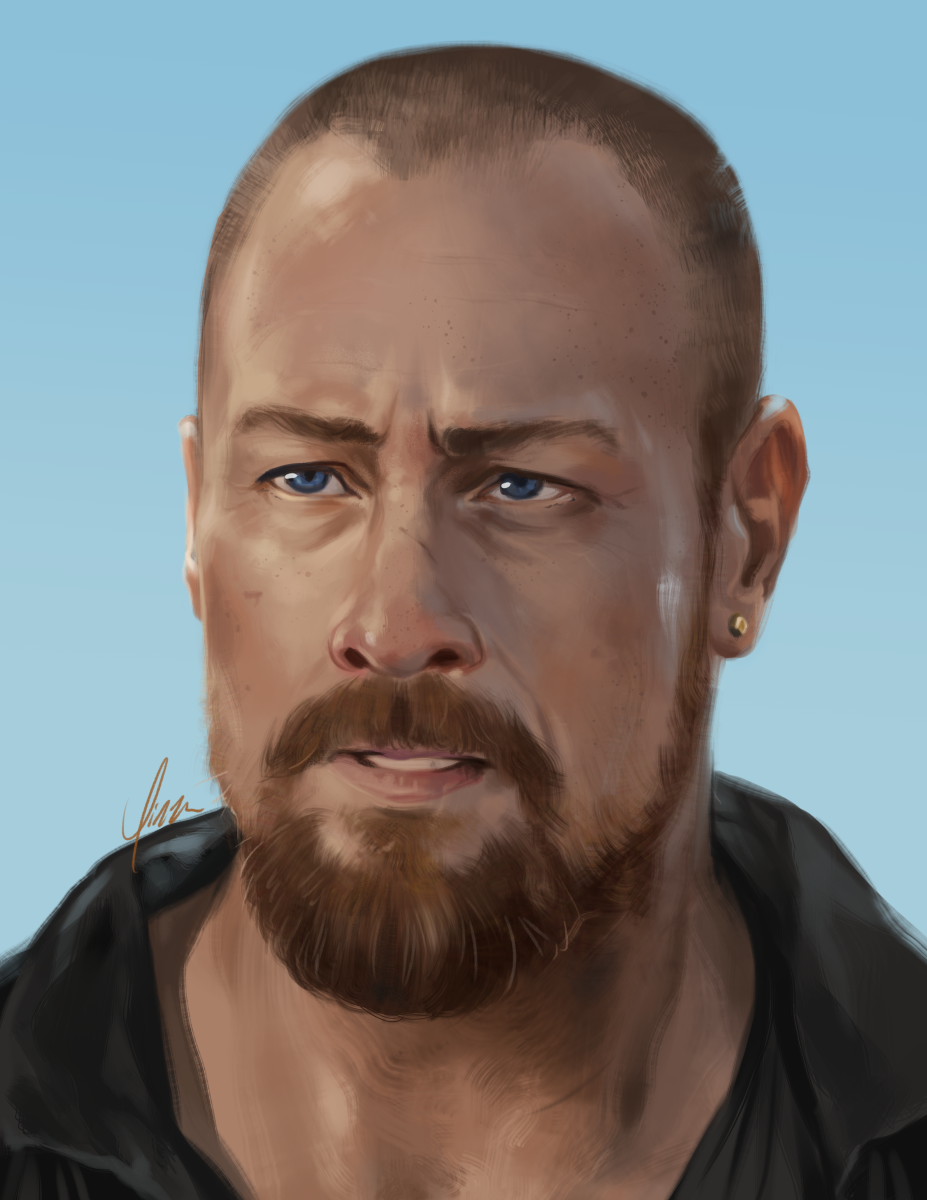 A digital portrait painting of Captain Flint from Black Sails, as portrayed by Toby Stephens. He is depicted with his buzzed haircut from the later seasons, and wears a loose black shirt. Shown at a 3/4 angle, he looks ahead of him, brow furrowed and lips parted in a vulnerable expression.