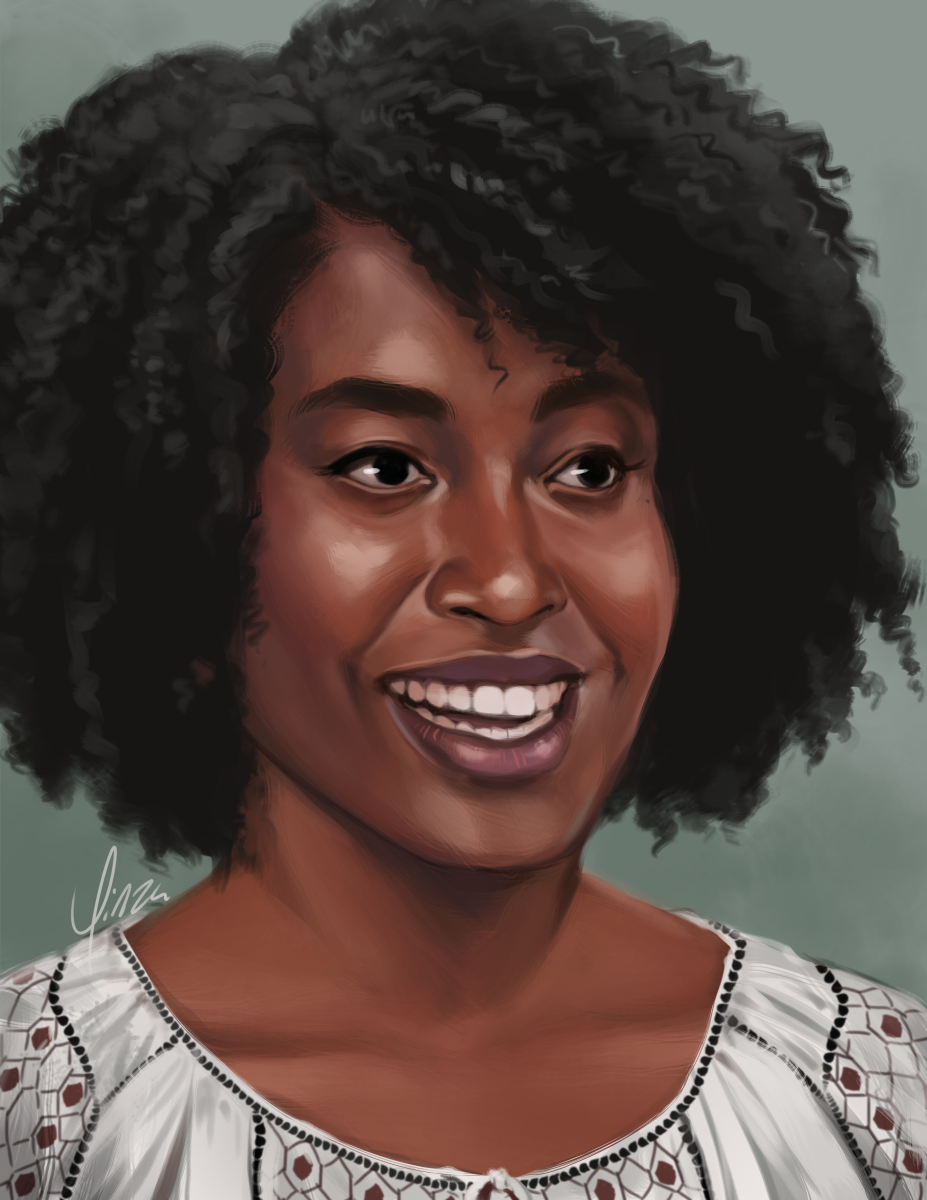 A digital portrait painting of Simone Garnett from The Good Place, as portrayed by Kirby Howell-Baptiste. She is shown at a 3/4 angle, looking ahead at someone with an open-mouthed grin of amusement.