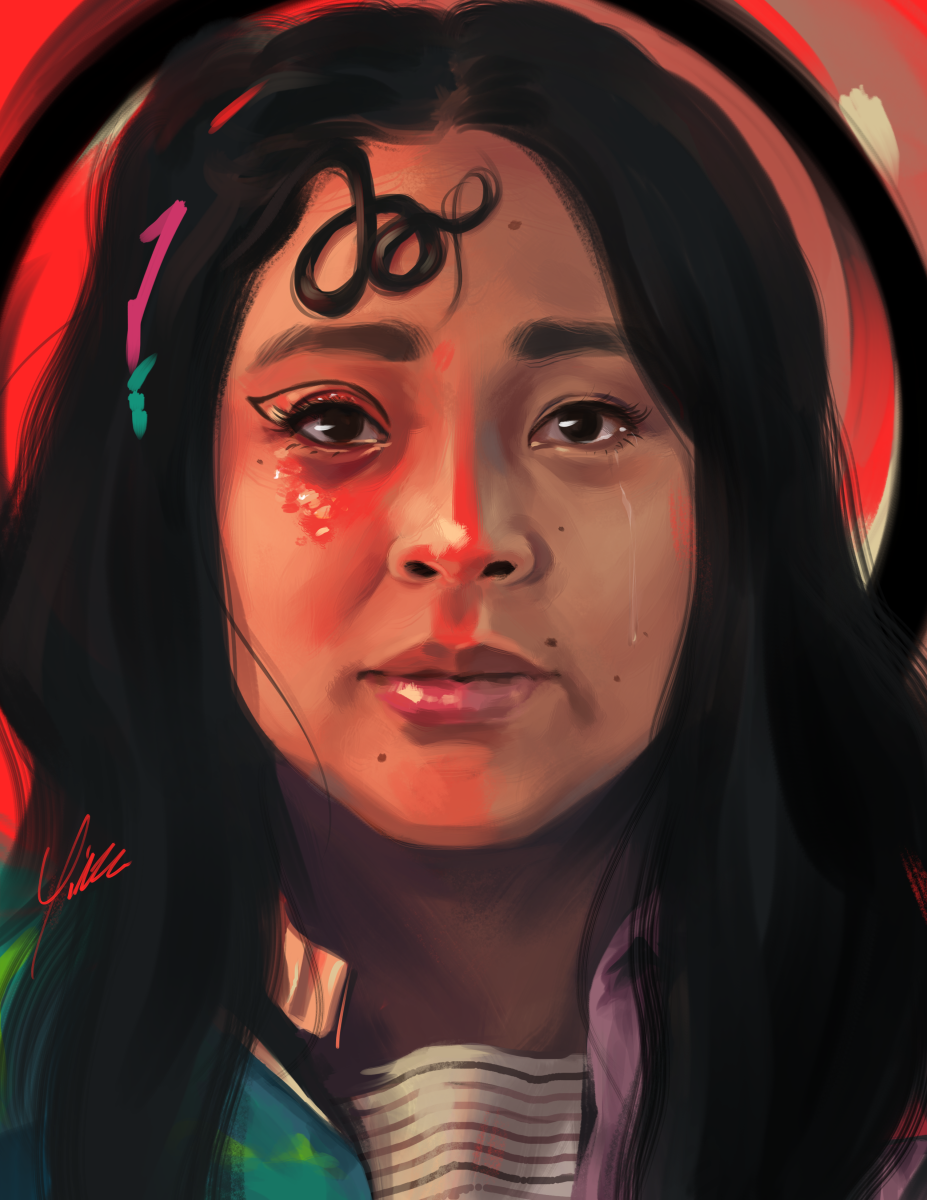 A digital portrait painting of Joy Wang from Everything Everywhere All at Once, as portrayed by Stephanie Hsu. She is facing the viewer against a bright red background ringed with a black circle. On the left side of the portrait, she is Jobu Tupaki in her pop star look, her hair spelling out the J-O and trailing off before finishing the B. On the right side, she wears her New Years outfit. Her expression is tearful, with a faint sad smile.