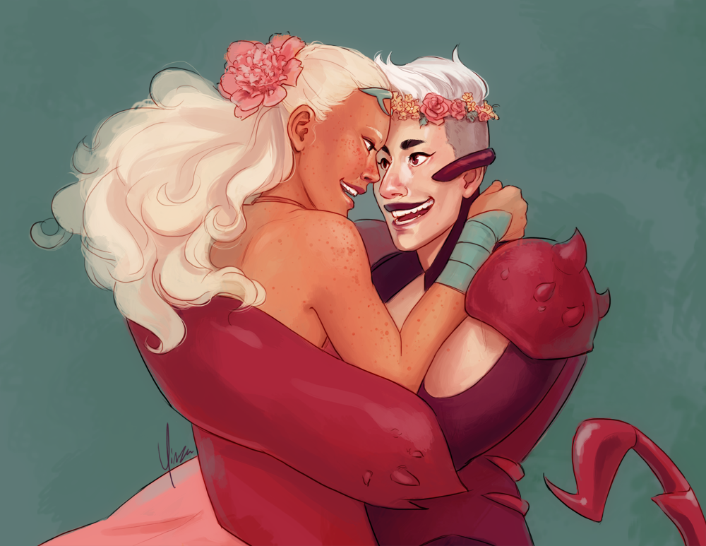 Scorpia is lifting Perfuma up in her arms, the both of them grinning happily.
