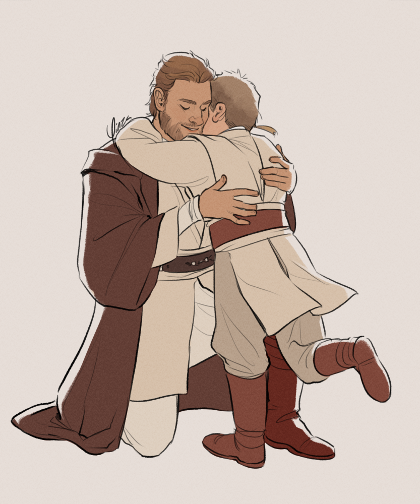 Digital artwork of a young Obi-Wan Kenobi and child Anakin. Anakin is in padawan robes, while Obi-Wan's hair has started to grow out and he has his beard. Obi-Wan is kneeling with his arms around Anakin, who has just run forward to fling his arms around Obi-Wan's neck in a hug.