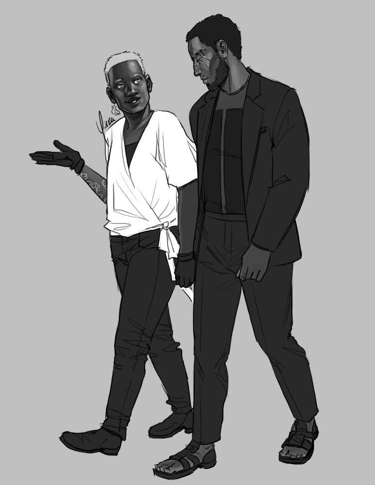 A greyscale drawing of two black men walking together in fashionable clothing.