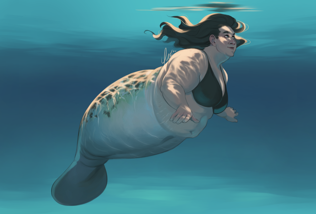 A rough digital painting of a mermaid with the lower half of a manatee. She is fat with light brown skin and long dark hair. She smiles as she swims close to the surface of the water, sunlight making patterns on her back.