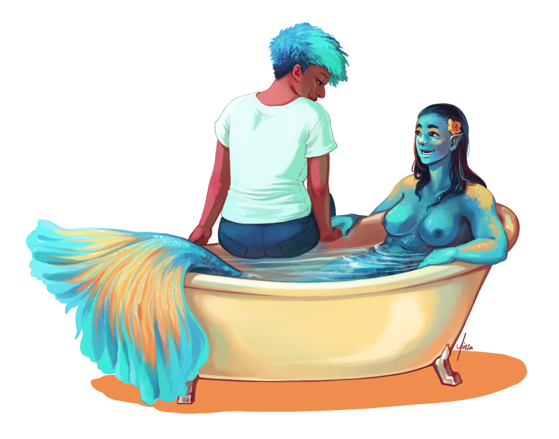 A blue-skinned mermaid lies in a bathtub, holding the hand of her girlfriend, who sits on the edge of the tub.