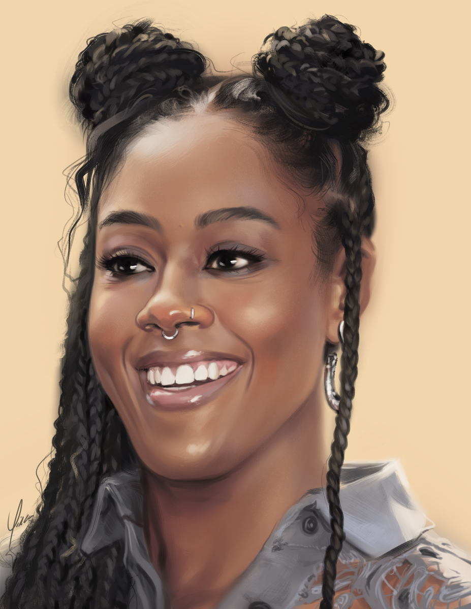 A digital portrait painting of actress Moses Ingram. She is shown at a 3/4 angle, smiling broadly at something off-screen ahead of her. Her hair is done in braids, with some of them hanging loose and some of them wound into twin buns atop her head. She wears a lace-detail blue blouse, silver earrings, and a silver nose ring.