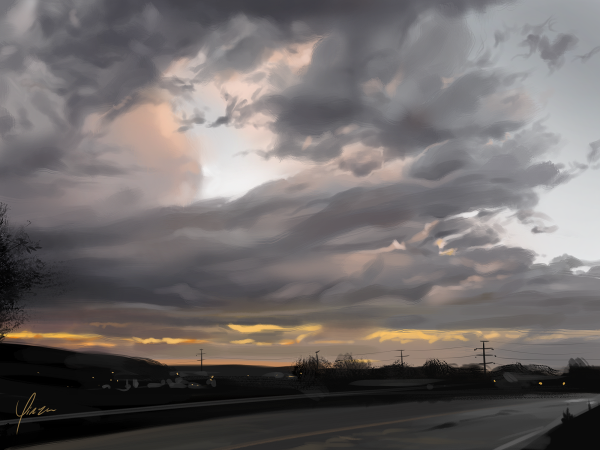 A digital painting study of a sunset sky after a storm. Dramatic clouds are starting to dissipate, allowing rosy light through the gaps. Close to the horizon, strips of more intense yellow light break through. In the foreground is an empty street and the dark silhouettes of a treeline and distant power lines.