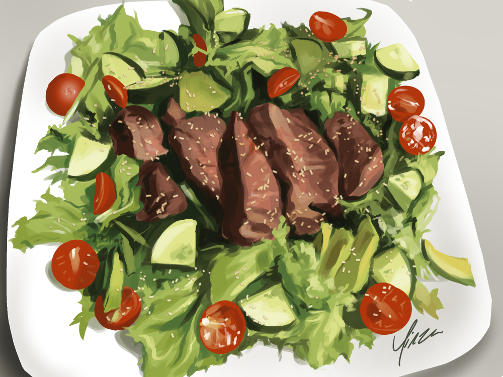 A digital painting study of a salad with sliced steak on a bed of greens, cucumbers, tomatoes, and avocado, sprinkled with sesame seeds.