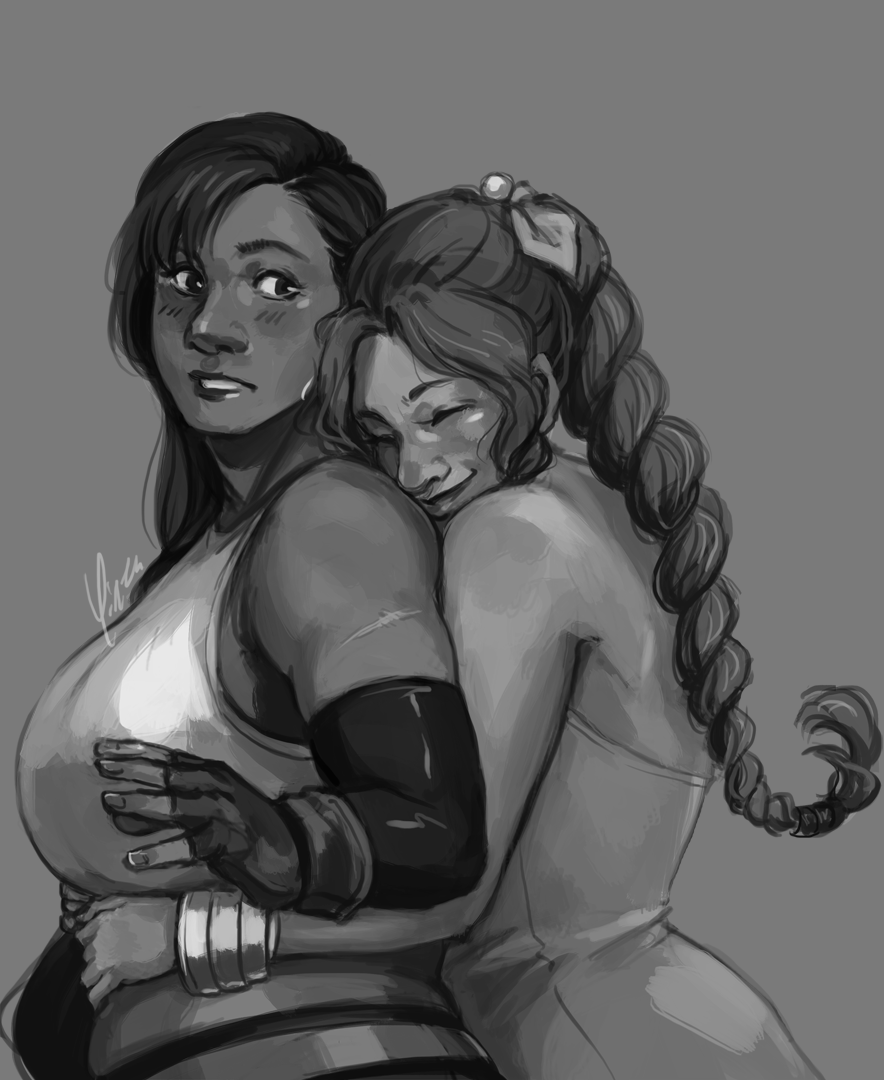 Tifa blushes as Aeris hugs her tightly from behind.