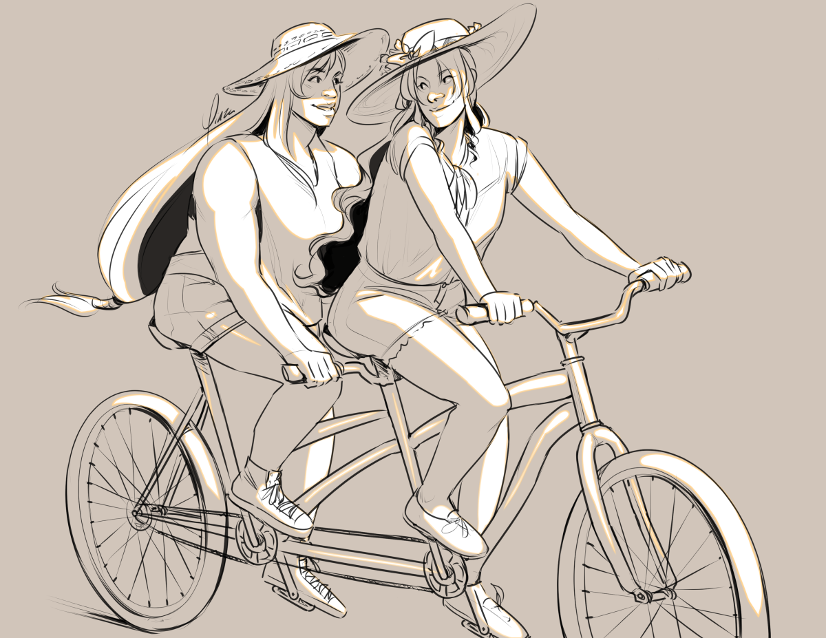 Monochrome digital artwork of Aeris and Tifa riding a tandem bicycle. Aeris rides in the front, smiling back over her shoulder at Tifa. Both of them wear wide-brimmed sunhats, shorts, and sneakers, and Aeris wears a short-sleeved blouse while Tifa wears a loose tank top.