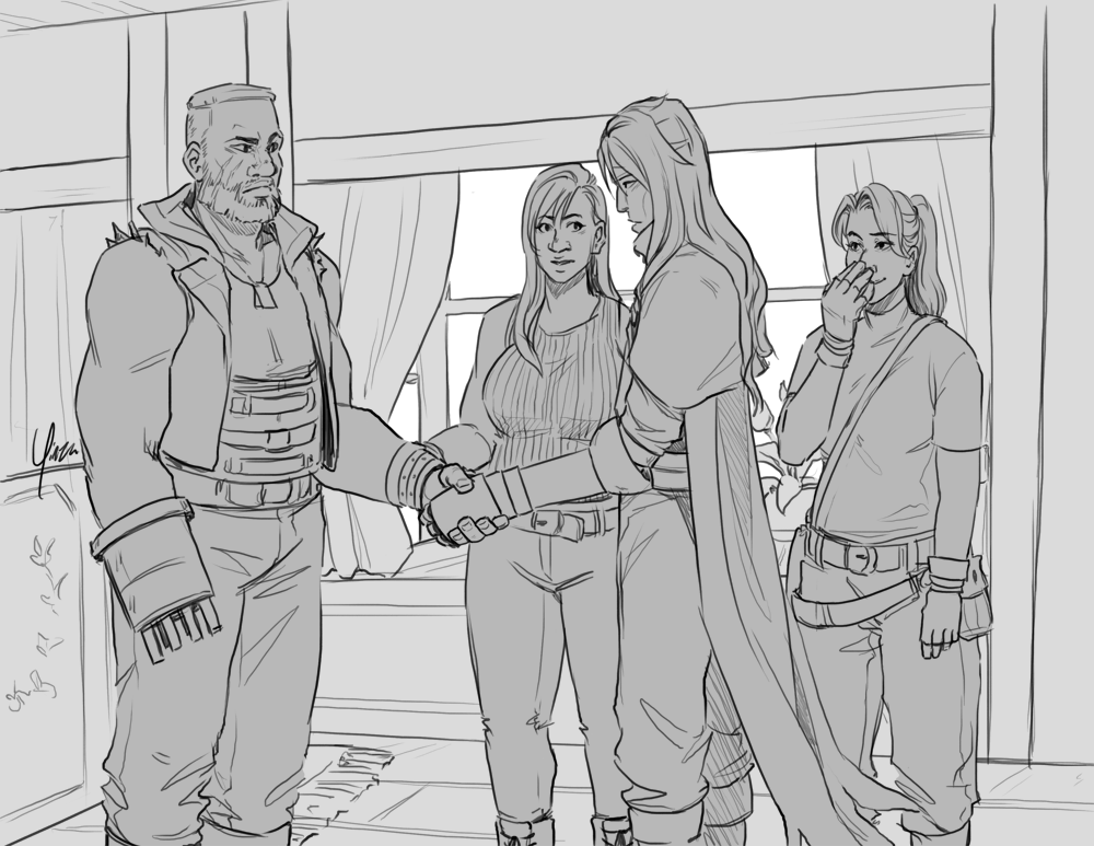 Barret and Vincent shake hands as Tifa introduces them. Barret looks skeptical while Jessie looks on in amusement.