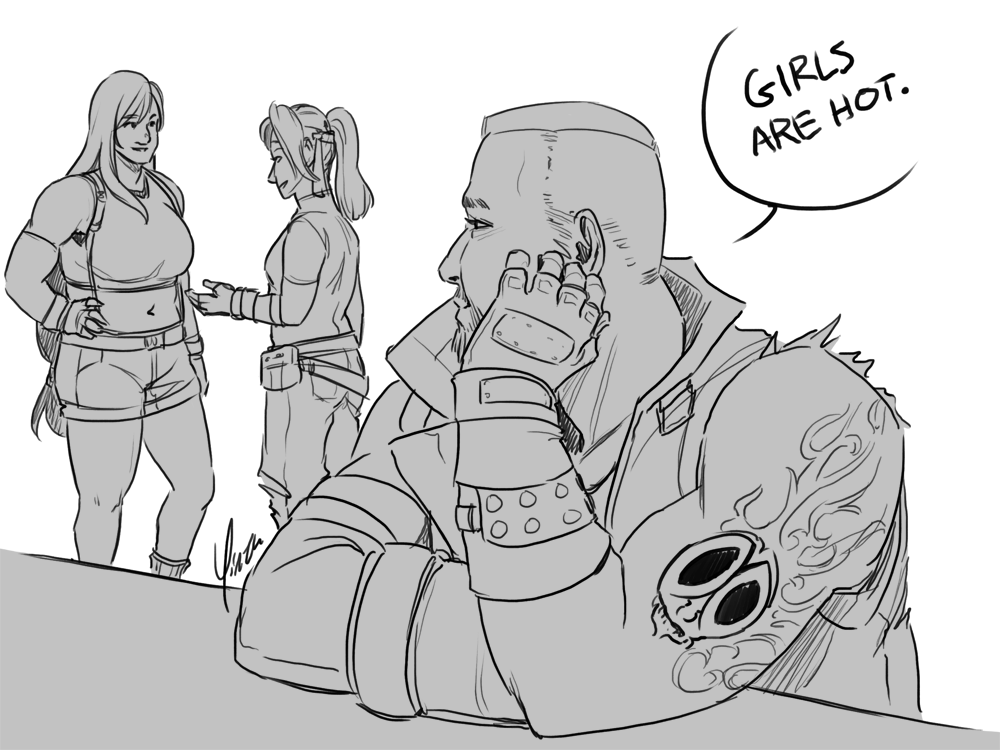 Barret sits at the bar, looking over at Tifa and Jessie, and says 'Girls are hot.'