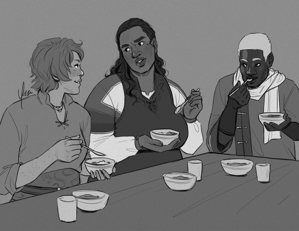 A greyscale sketch of three people seated at a table eating. One woman is teasing the other while the man looks on in amusement.