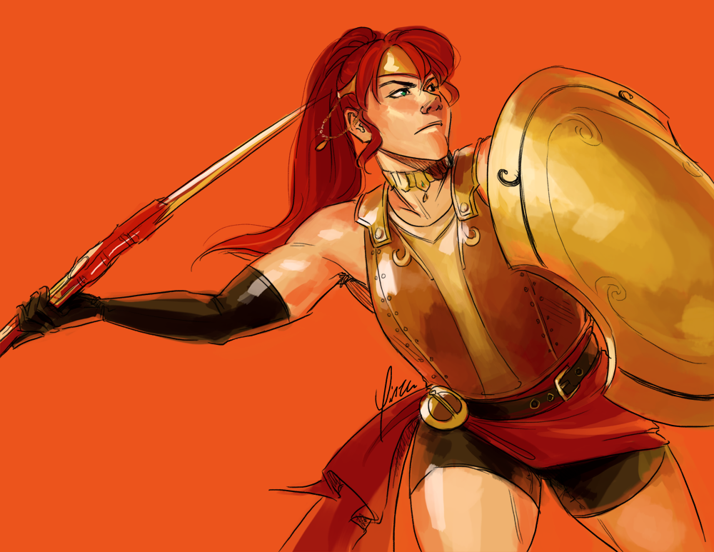 A rough sketch of Pyrrha about to throw her spear, her shield held in front of her. She is wearing a full breastplate instead of her canon armor.